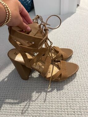 Sam Edelman Tan Lace-Up Suede Block Heel Sandals